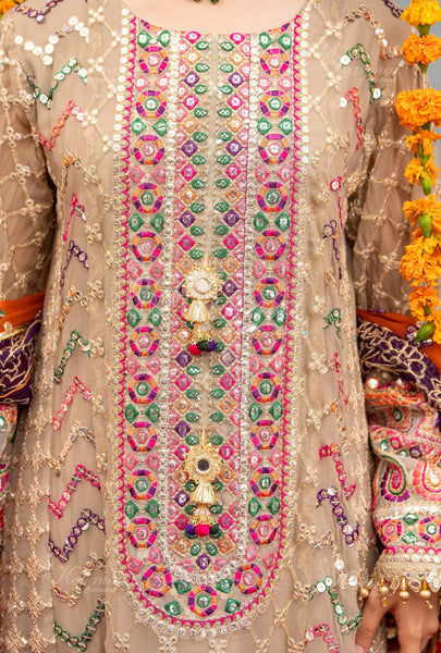 TAN CHIFFON SUIT WITH MULTI-COLORED EMBROIDERY