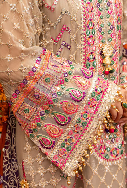 TAN CHIFFON SUIT WITH MULTI-COLORED EMBROIDERY