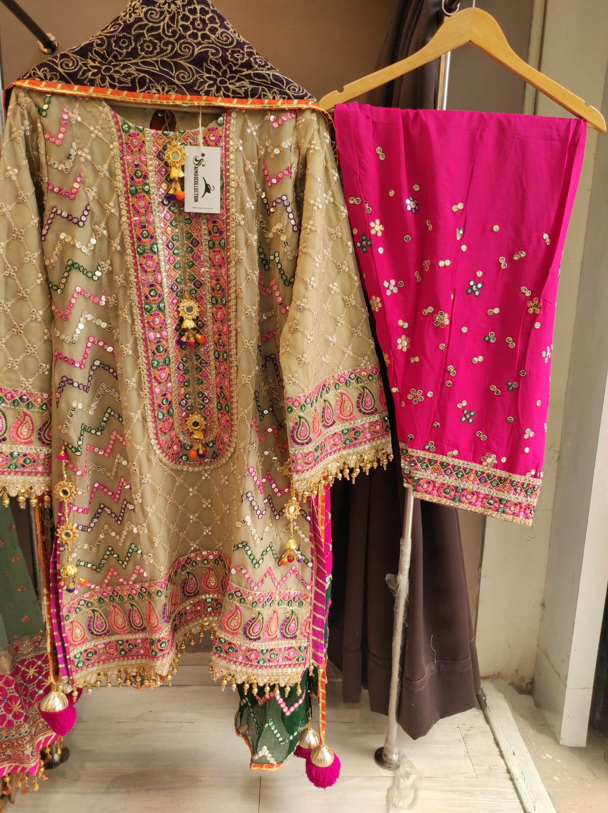 TAN CHIFFON SUIT WITH MULTI-COLORED EMBROIDERY