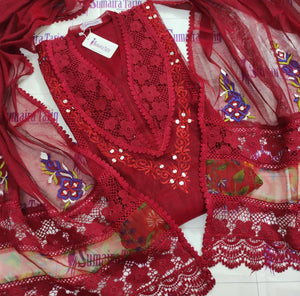 Red Khaddi Net Semi-stitched Kurta Set