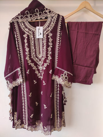 Georgette Embroidered Maroon 3pc Set
