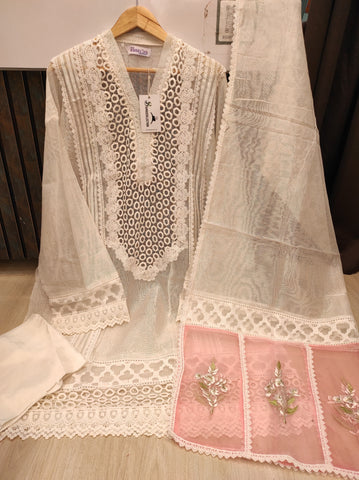 White Khaadi Net Semi-stitched Kurta Set