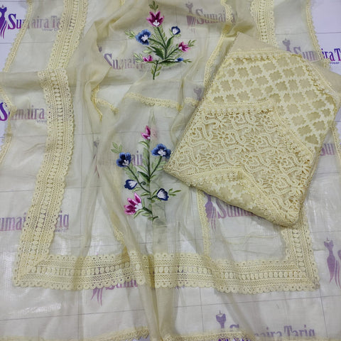 Yellow Khaadi Net Semi-stitched Kurta Set