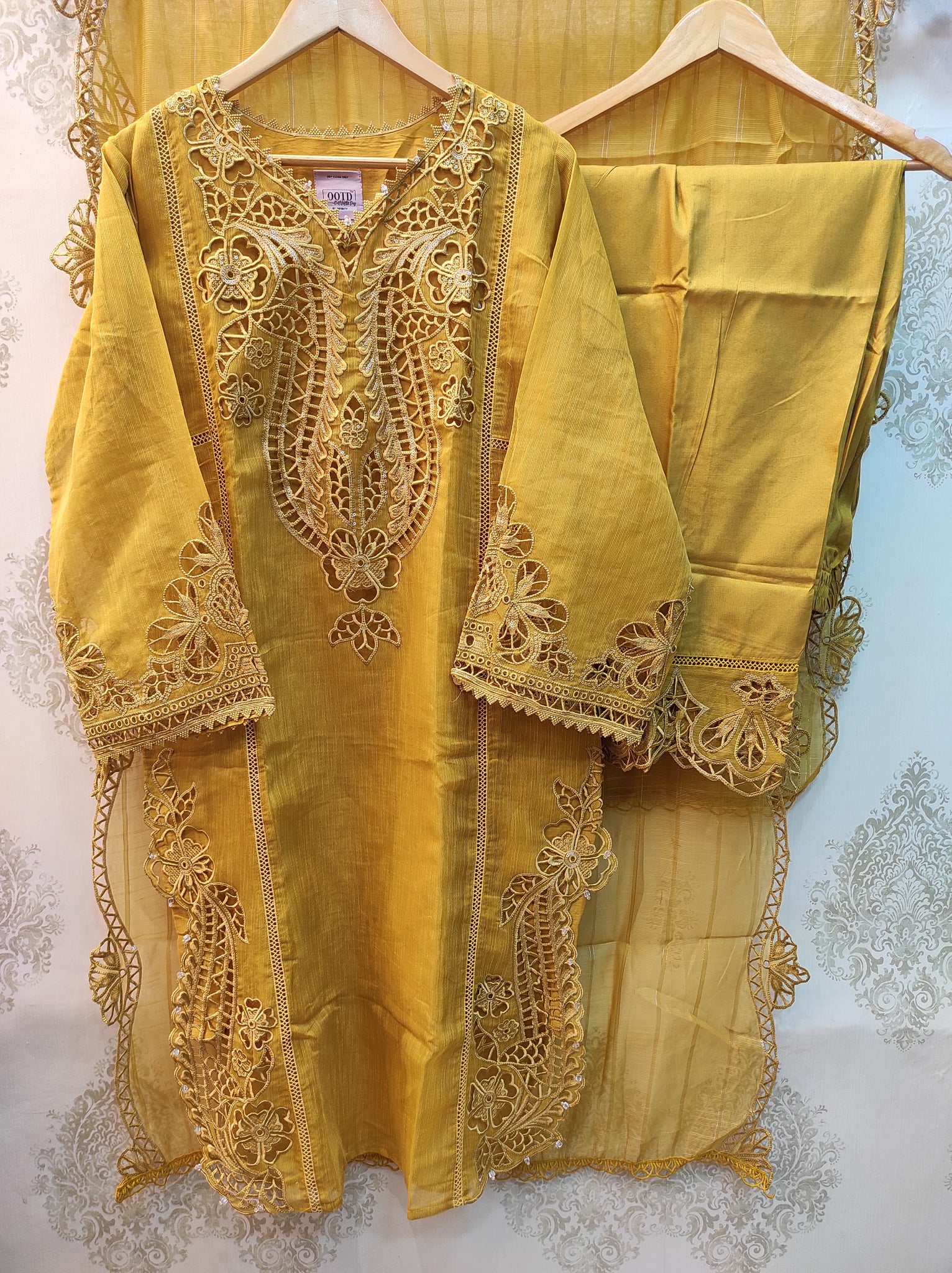 Mustard Yellow Blue Cutwork Tunic