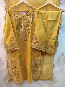 Mustard Yellow Blue Cutwork Tunic