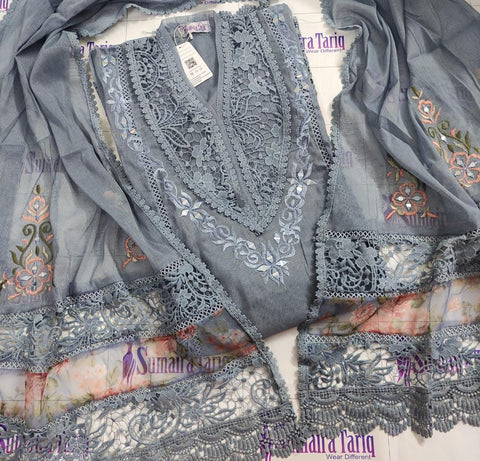 Grey Khaddi Net Semi-stitched Kurta Set